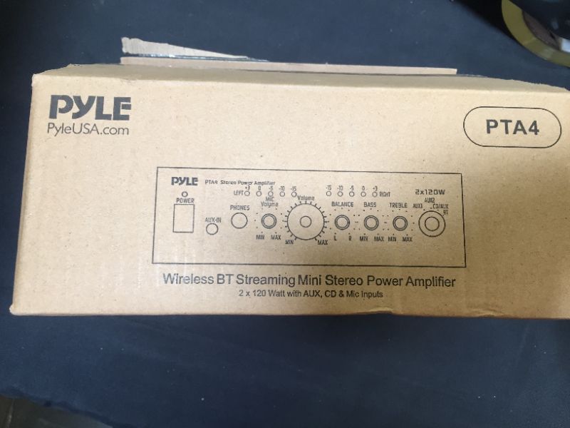 Photo 2 of Home Audio Power Amplifier System - 2X120W Mini Dual Channel Mixer Sound Stereo Receiver Box w/ RCA, AUX, Mic Input - For Amplified Speakers, PA, CD Player, Theater, Studio Use - Pyle PTA4--factory sealed 
