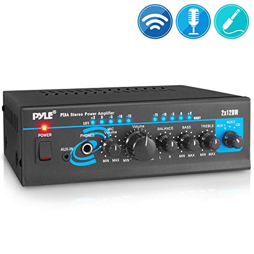 Photo 1 of Home Audio Power Amplifier System - 2X120W Mini Dual Channel Mixer Sound Stereo Receiver Box w/ RCA, AUX, Mic Input - For Amplified Speakers, PA, CD Player, Theater, Studio Use - Pyle PTA4--factory sealed 
