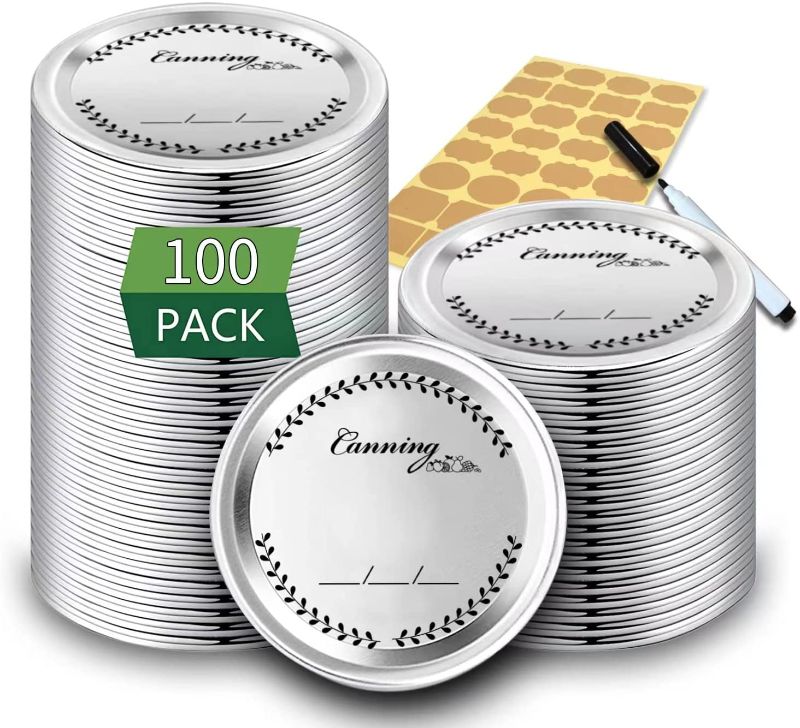 Photo 1 of 100-Count Canning Lids Wide Mouth for Ball Kerr Mason Jars - Mason Jar Lids for Canning, Food Grade Material Split-Type with Leak proof & Airtight Seal Features, 100% Fit for Wide Mouth Jars
