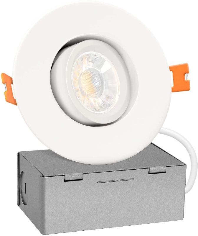 Photo 1 of JULLISON 3 Inch Gimbal LED Recessed Downlight with Junction Box, 120VAC, 7W, 600LM, 3000K Warm White, CRI>80, Dimmable Directional Ceiling Light, ETL Listed, Round White, Damp Location, 1 Pack
