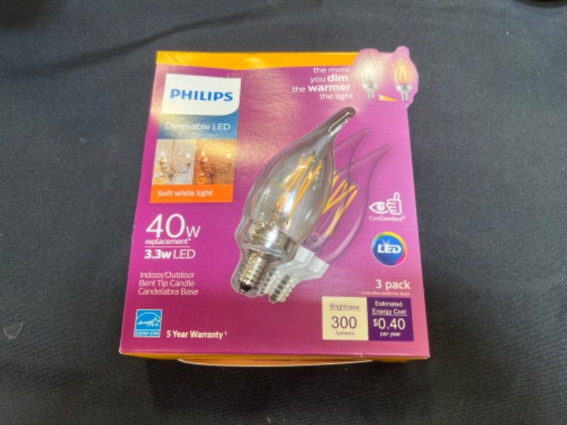 Photo 2 of Philips B11 E12 (Candelabra) LED Bulb Soft White 40 Watt Equivalence 3 pk - Case of: 1
