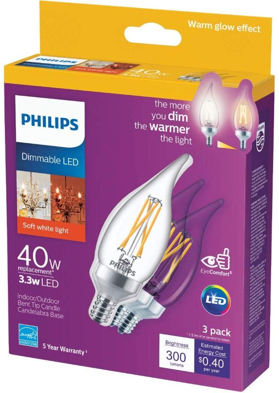 Photo 1 of Philips B11 E12 (Candelabra) LED Bulb Soft White 40 Watt Equivalence 3 pk - Case of: 1

