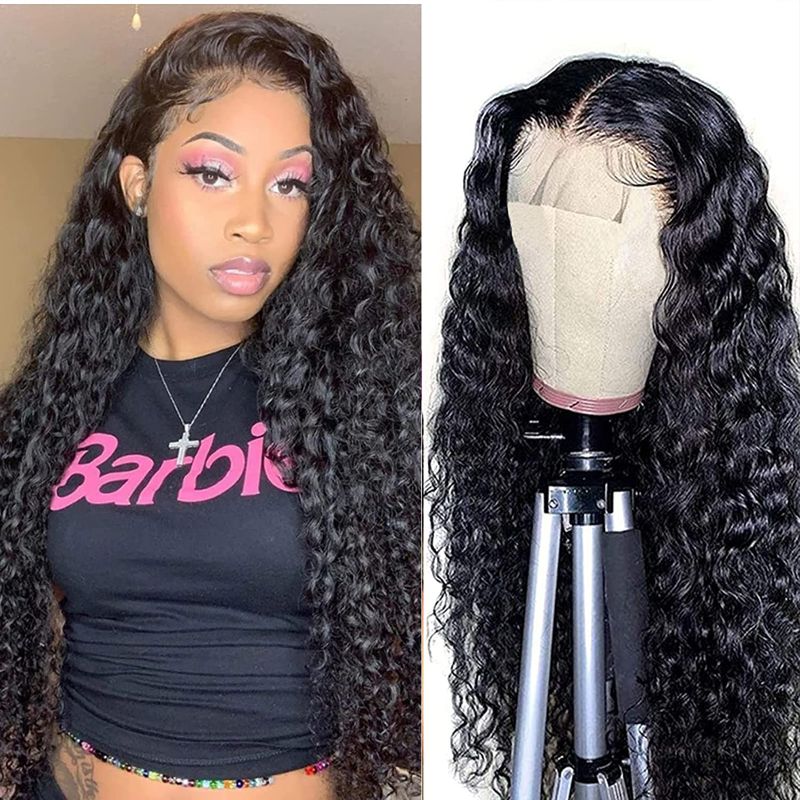 Photo 1 of ISEE Hair Transparent Lace Closure Wigs Human Hair Pre Plucked Wet Water Wave Human Hair Wigs for Black Women 150% Density Deep Curly Wave Wigs with Baby Hair Natural Color 26 Inch (4X4 Lace)
