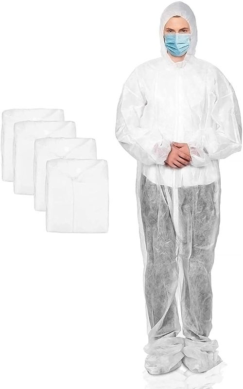 Photo 1 of AMZ Medical Supply Hazmat Suits Disposable Coveralls White. XX-Large Paint Suit Disposable Coverall for Men 30gm/m2 Polypropylene Hazmat Suit with Attached Hood, Boots, Zipper Front Entry Size: XX-Large / 1 Pack
 