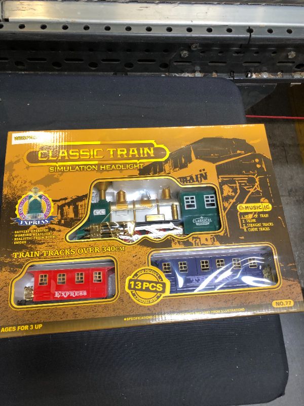 Photo 2 of Electronic Classic Train Set for Kids with Headlight, Realistic Sound, Smoke, Toy Train for Kids, 1 Locomotive, 2 Compartments, 10 Railway Tracks
