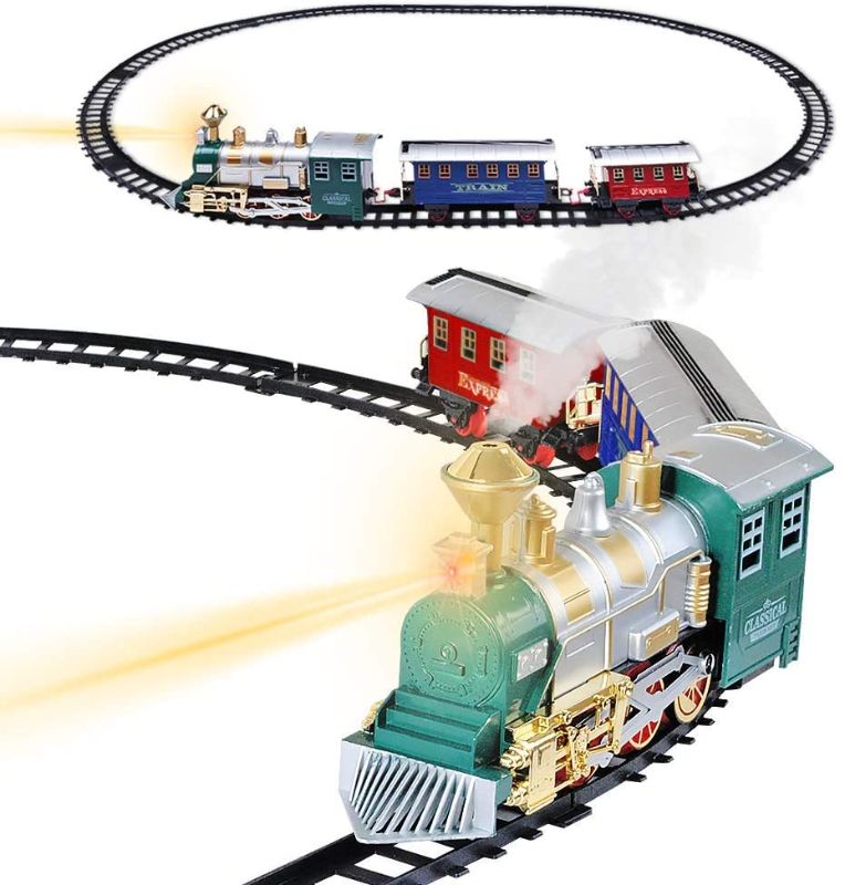 Photo 1 of Electronic Classic Train Set for Kids with Headlight, Realistic Sound, Smoke, Toy Train for Kids, 1 Locomotive, 2 Compartments, 10 Railway Tracks
