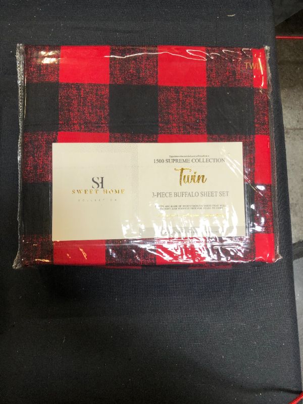 Photo 2 of  1500 Supreme Sweet Home Collection Buffalo Plaid Microfiber Bed Sheet Set, 3 Piece Black/Red Twin
