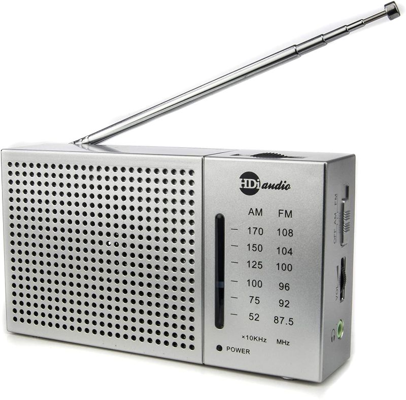 Photo 1 of HDi Audio Portable Compact AM/FM Radio with Built in Speakers + Headphone Jack Pocket Novelty Radio | Battery Operated |Long Range (Silver)
