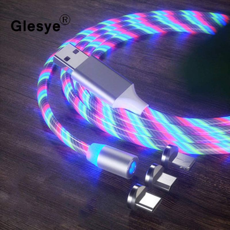 Photo 1 of 3 in 1 Magnetic Charging Cable LED Flowing Shining Colorful Cord Light Up Candy Moving Party Streamer Absorption USB Compatible with Mirco USB Android, Type C Smartphone and iProduct Device