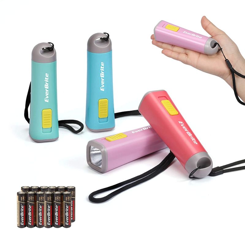 Photo 1 of EverBrite 4-Pack Mini LED Plastic Flashlight, Kids Party Favors Torch Colors Assorted for Children Projector, Hurricane Supplies with Lanyard 3AAA Battery Included
