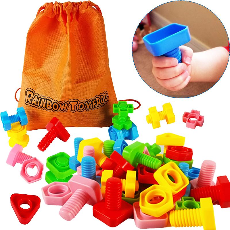 Photo 1 of Jumbo Nuts and Bolts Set with Toy Storage and Book | Montessori Toddler Rainbow Matching Game Activities | Fine Motor Skills Autism Educational Toys for Baby, 1, 2, 3 Year Old Boy and Girl | 40pcs 
