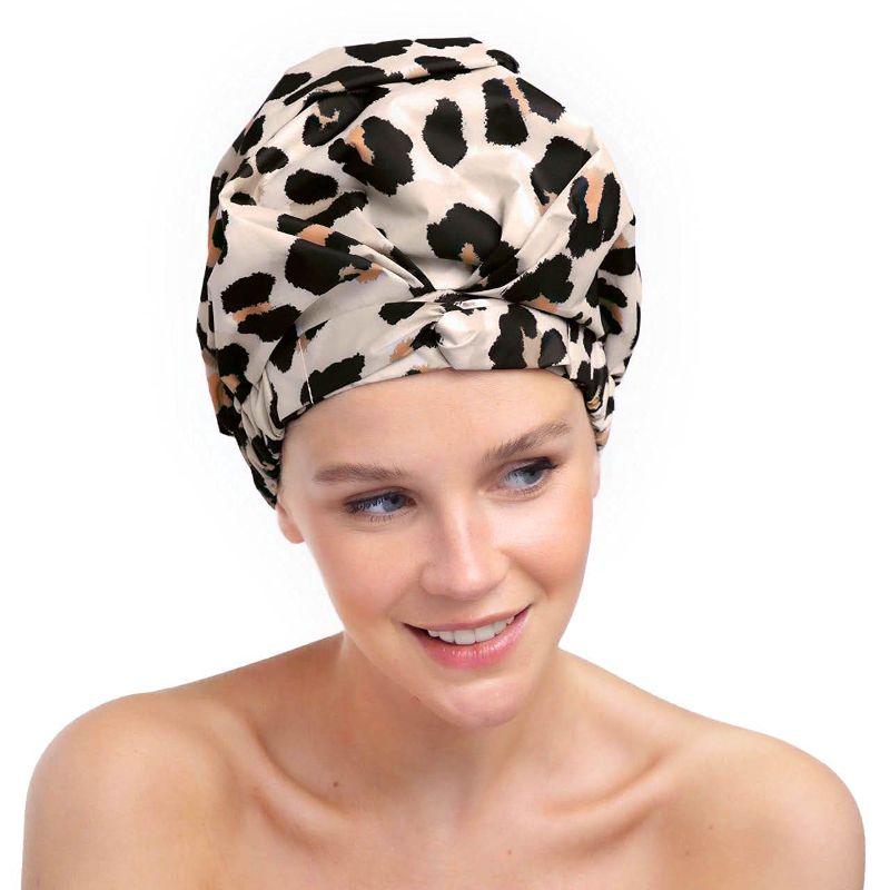 Photo 1 of Kitsch Luxury Shower Cap for Women - Waterproof, Fashionable, Reusable Shower Cap for Long Hair (Leopard)