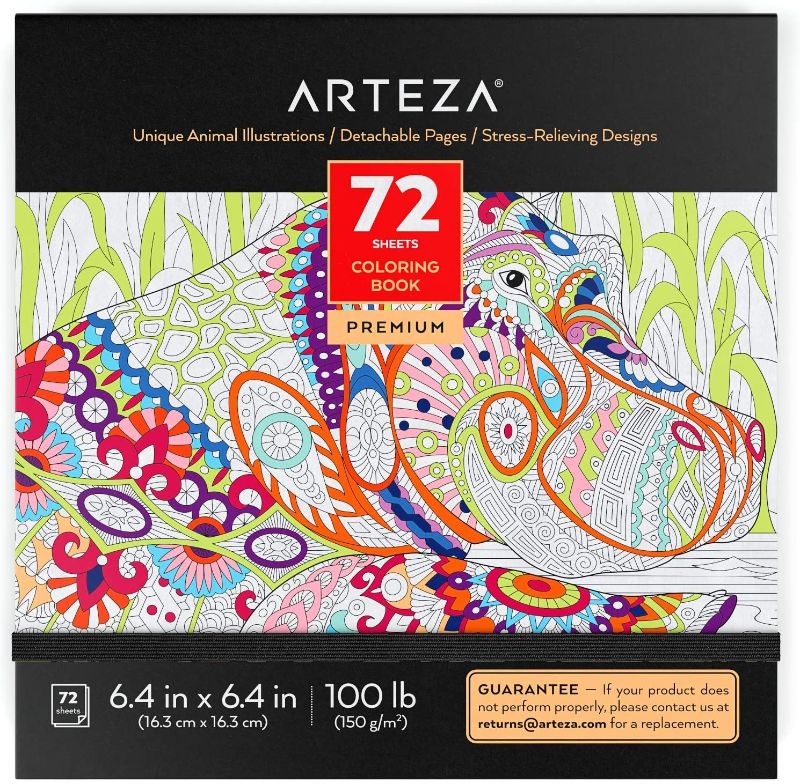 Photo 1 of Arteza Coloring Book for Adults, 6.4 x 6.4 Inches, 72 Sheets, Animal Designs, Detachable Pages, Gray Outlines, 100 lb Paper