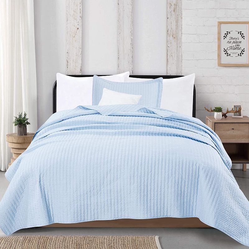 Photo 1 of 2-Piece Detailed Channel Stitch Quilt Set with Shams. Baby Blue Twin Quilt Set, All Season Bedspread Quilt Set, Alicia Collection (Twin, Baby Blue)
