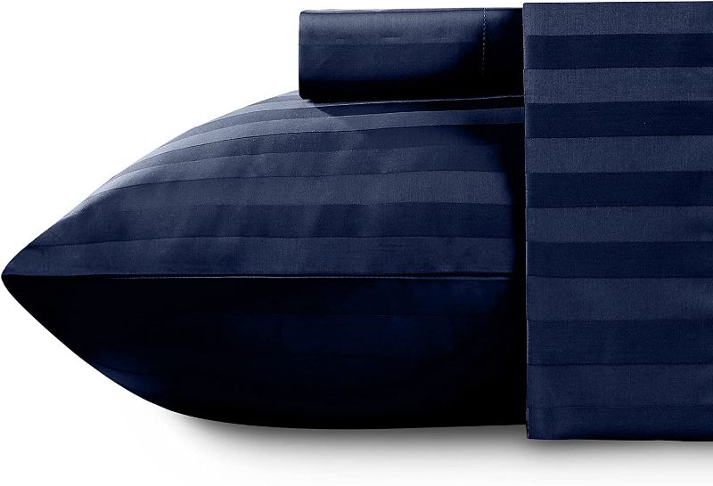 Photo 1 of California Design Den - Twin XL Sheet, Soft 100% Cotton Cooling Sheets Deep Pockets Snug Fit Elastic, 500 Thread Count, 3-Pc Set, Hotel Quality, Damask Stripe Sheets for Bed (Stripe - Navy Blue)
