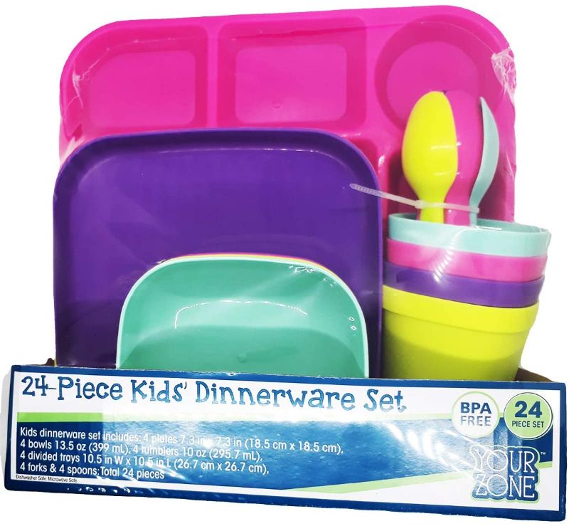 Photo 1 of 24-Piece Kids' Dinnerware Set, BPA Free, Mixed Colors, Dishwasher safe, Microwave safe
