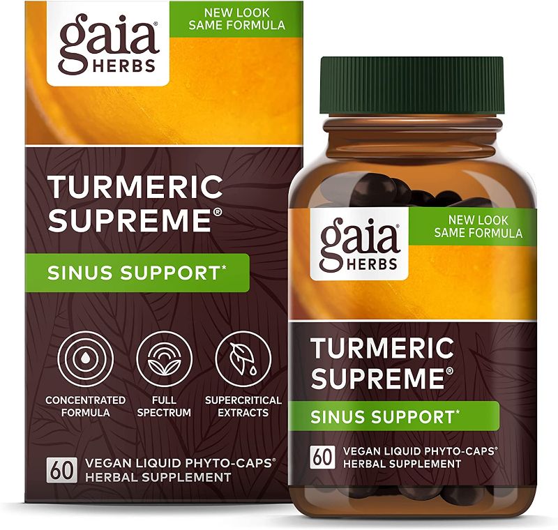 Photo 1 of Gaia Herbs, Turmeric Supreme Sinus Support, Turmeric Curcumin Supplement for Seasonal Allergy Support, Non-Drowsy Formula, Vegan Liquid Capsules, 60 Count BEST BY 12/21
