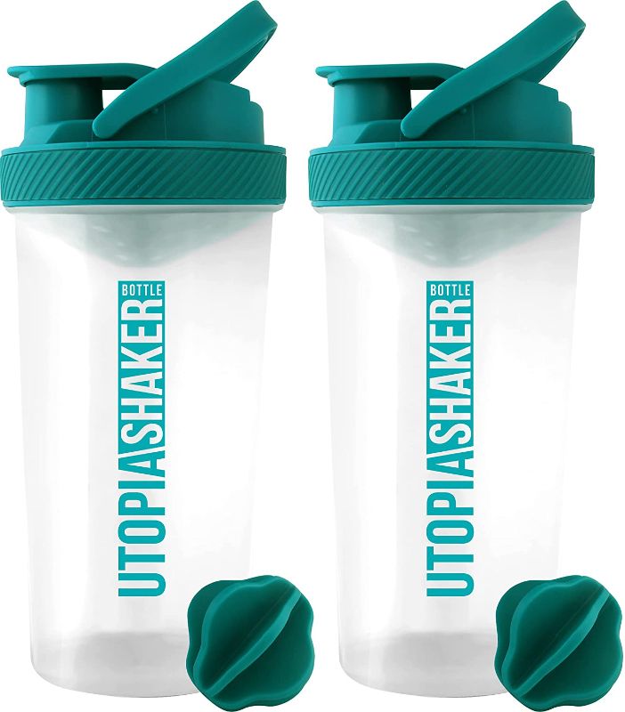 Photo 1 of 2 Pack Shaker Bottle 28-Ounce Fitness Sports Classic Protein Mixer Utopia Home | Clear / Teal
