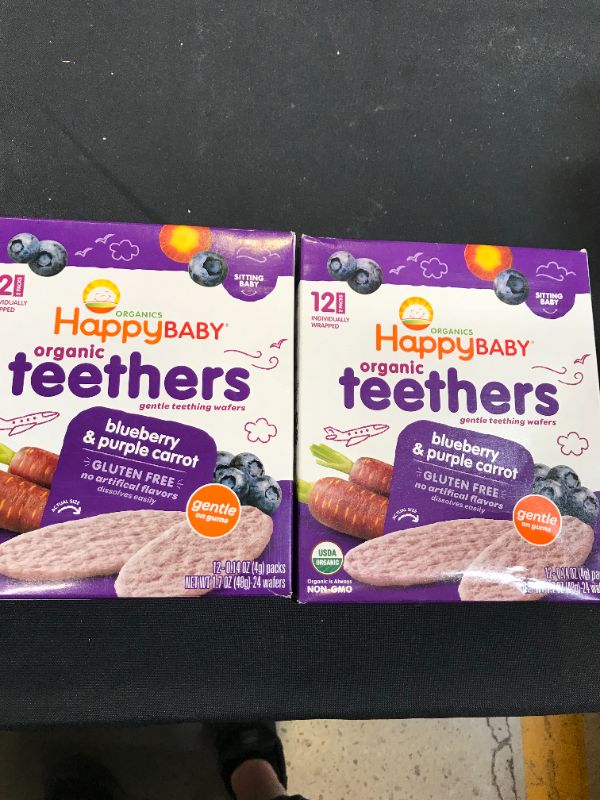 Photo 2 of Happy Baby Gentle Teethers Organic Teething Wafers Blueberry Purple Carrot, 0.14 Ounce Packets (Box of 12) Soothing Rice Cookies for Teething Babies Dissolves Easily, Gluten Free No Artificial Flavor
2 boxes  best by dec 4 2022