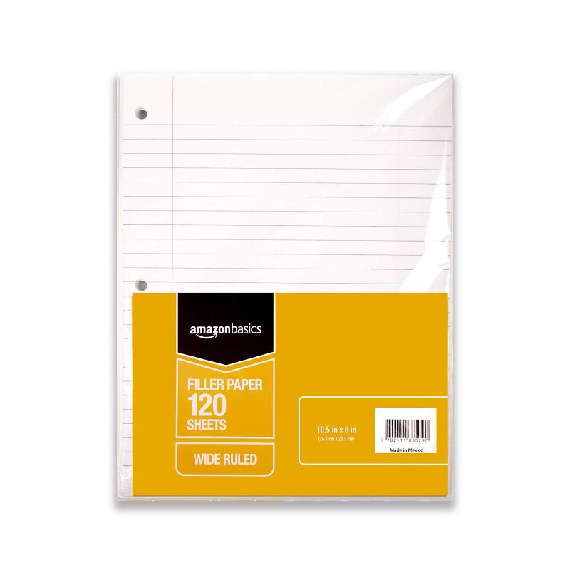 Photo 1 of Amazon Basics Wide Ruled Loose Leaf Filler Paper, 120 Sheets, 10.5 x 8 Inch, 6-Pack

