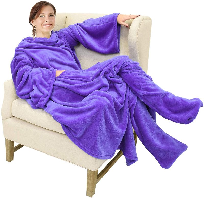 Photo 1 of Catalonia Wearable Fleece Blanket with Sleeves and Foot Pockets for Adult Women Men, Micro Plush Comfy Wrap Sleeved Throw Blanket Robe Large, Purple
