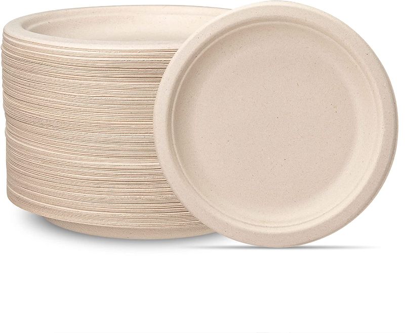 Photo 1 of 100% Compostable 7 Inch Heavy-Duty Plates [125 Pack] Eco-Friendly Disposable Sugarcane Paper Plates - Brown Unbleached
