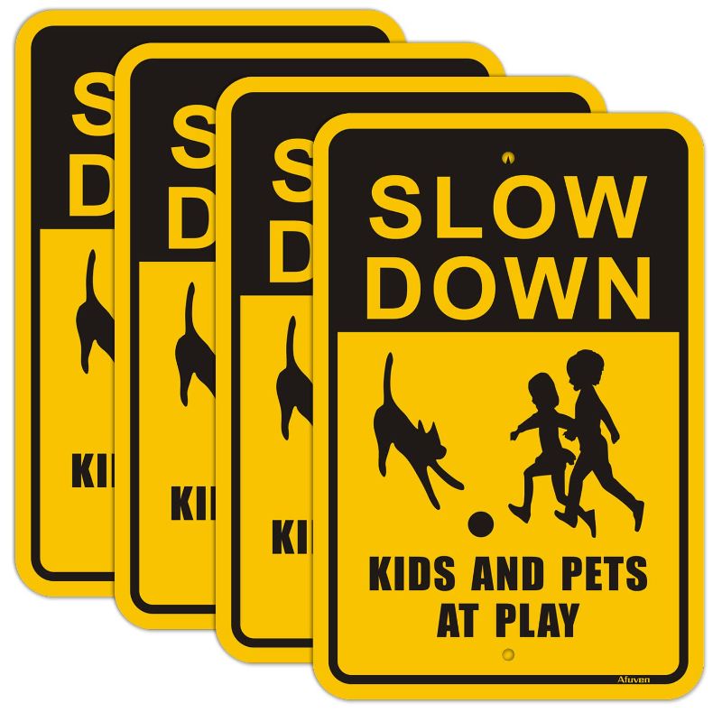 Photo 1 of 4 Pack Slow Down Kids and Pets at Play Signs, Children Play Signs, Metal Reflective 12" x 18" Rust Free Aluminum, Easy Mounting Outdoor Use, Waterproof and Durable Ink

