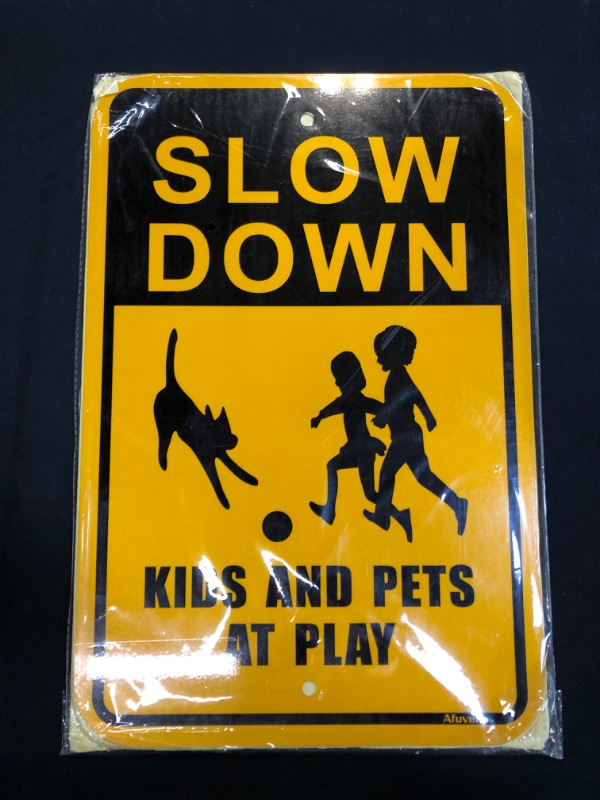 Photo 2 of 4 Pack Slow Down Kids and Pets at Play Signs, Children Play Signs, Metal Reflective 12" x 18" Rust Free Aluminum, Easy Mounting Outdoor Use, Waterproof and Durable Ink
