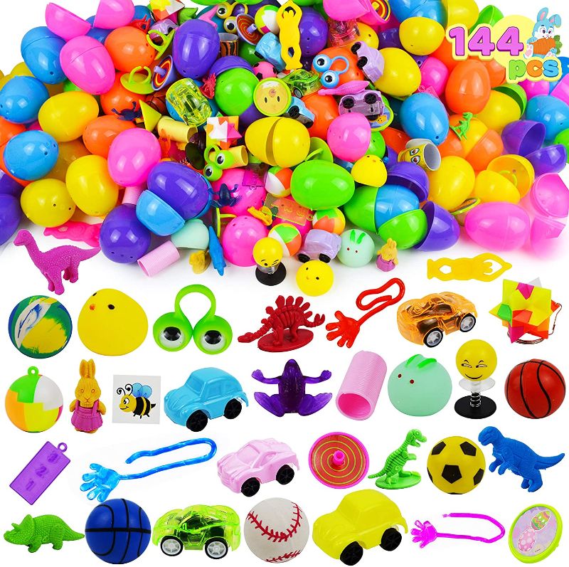 Photo 1 of JOYIN 144 PCS Prefilled Easter Eggs with Assorted Toys for Easter Egg Hunt Supplies, Easter Party Favors, Easter Basket Stuffers, Easter Classroom Prize Supplies
