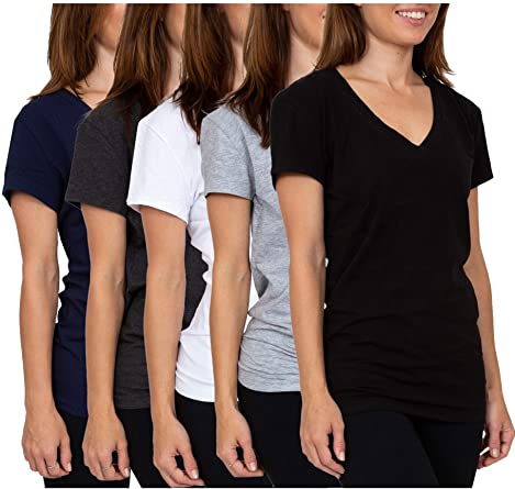 Photo 1 of --SIZE XL-- Sexy Basics Women's Multi Pack Casual & Active Cotton Stretch V Neck Short Sleeve Color T Shirts (5 Pack)
