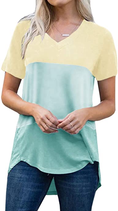 Photo 1 of --SIZE LARGE- Jeemery Women's V Neck Short Sleeve T Shirts Color Block Loose Fit Casual Summer Tunic Tops Tee Shirts
