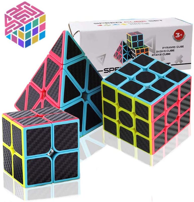 Photo 1 of Speed Cube Set, Carbon Fiber Sticker Puzzle Cube Bundle Magic Cube Set of 2x2x2 3x3x3 Pyramid Speed Cube (3 Pack)
