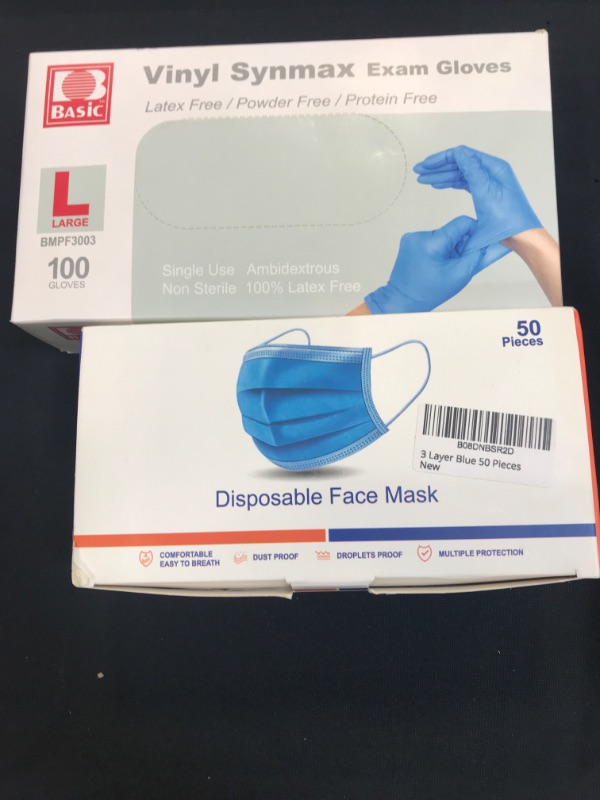 Photo 1 of (Bundle) 100 Glove Size Large & 50 Disposable Blue Masks 3 Layer