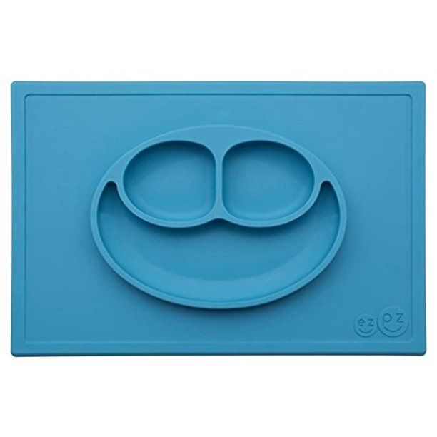 Photo 1 of ezpz Happy Mat (Blue) - 100% Silicone Suction Plate with Built-in Placemat for Toddlers + Preschoolers - Divided Plate - Dishwasher Safe
