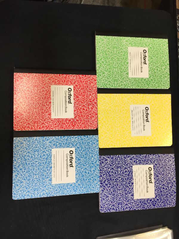 Photo 2 of Composition Notebook, 9-3/4" x 7-1/2", Wide Ruled, 100 Sheet (200 Pages), Color: Black Marble, Weekly Class Schedule and Multiplication/Conversion Tables on Covers. 5 PACK VARIOUS COLORS 
