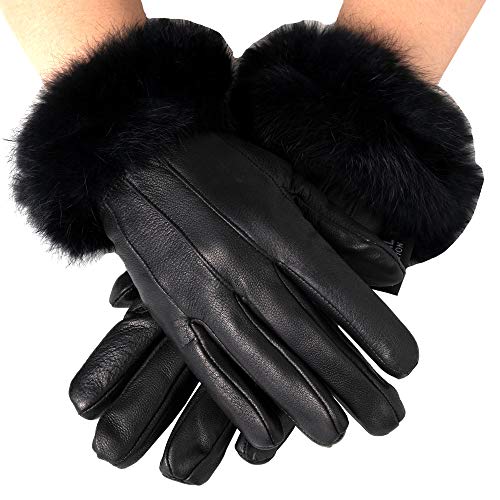 Photo 1 of Womens Dressy Leather Gloves Rabbit Fur Trim Warm Thin Thermal Lining Insulation S, Black
