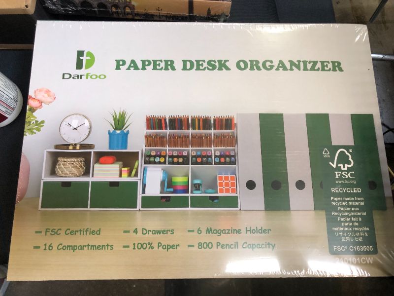 Photo 2 of White Desk Organizer with 4 Drawers, 6 Magazine File Holder Organizer and 16 Compartments - Huge Capacity stationary organizer for Home, School, Office Supplies, FSC Certified Cardboard, DIY Project