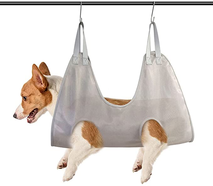 Photo 1 of Dog Hammock for Grooming Small Medium Dog Sling with 2 Hooks Dog Grooming Hammock Dog Slings for Nail Trimming Bathing Body Care Grey L
