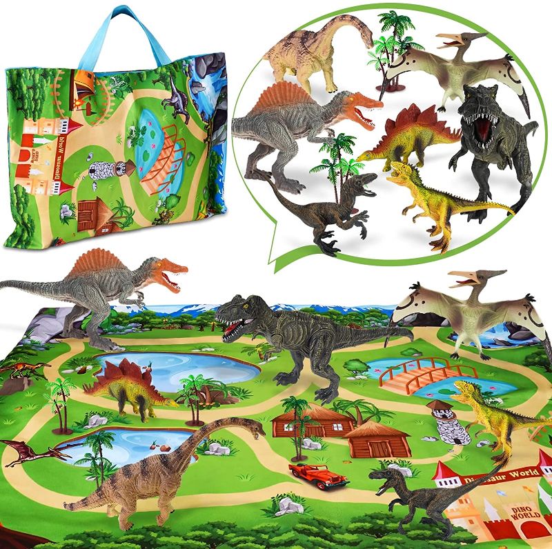 Photo 1 of Dinosaur Toys Figures with 2 in 1 Play Mat/Storage Bag & Trees,7PCS Dinosaur Playsets Large Dino World Realistic Dinosaurs Set Educational Games Toys Ideal Gifts for Kids Toddlers Boys & Girls
