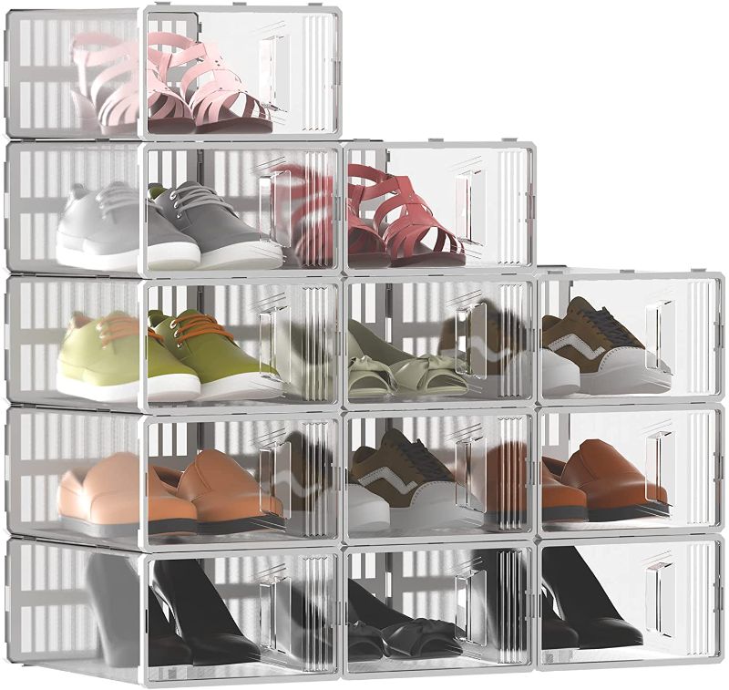 Photo 1 of 12 Pack Shoe Storage Box, Clear Plastic Shoe Organizer for Closet, Easy Assembly, Foldable Stackable Shoe Boxes Containers, Shoes Display Case for Entryway Under Bed Shoe Bins Holders, Fit Size 10
