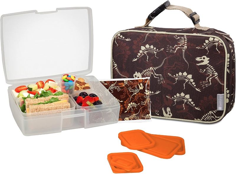 Photo 1 of Bentology Lunch Bag and Box Set for Kids - Boys Insulated Lunchbox Tote, Bento Box, 5 Containers and Ice Pack - 9 Pieces - Dinosaur Fossils
