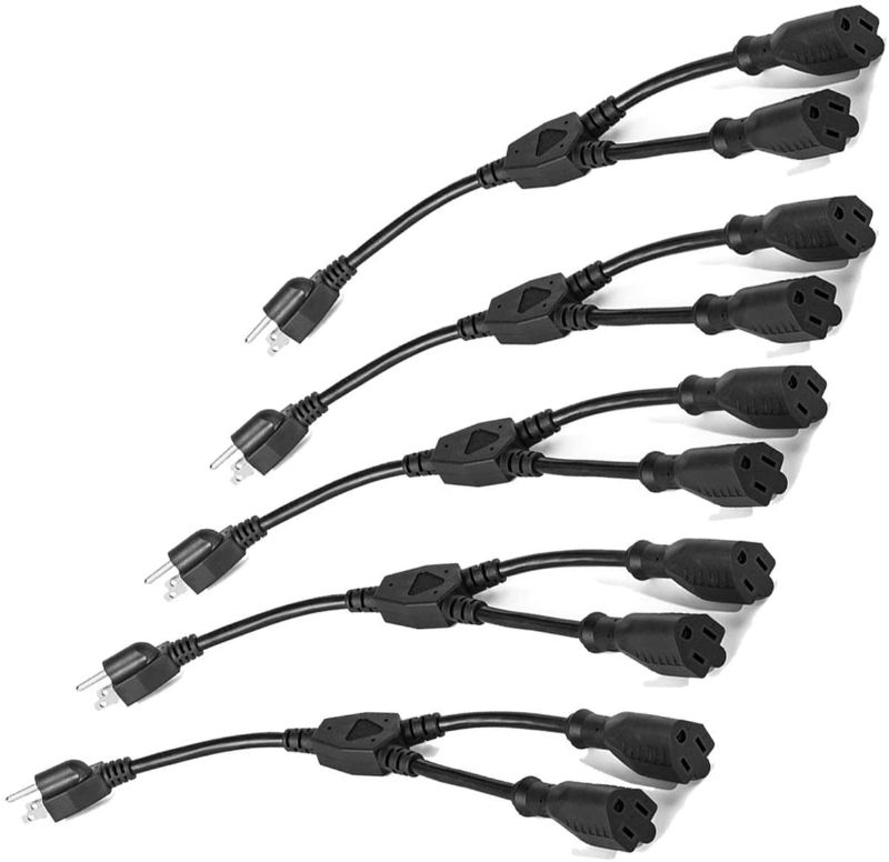 Photo 1 of ClearMax Y Splitter Power Cable Extension Cord 3 Prong, Power Cord Splitter 16 AWG, Cable Strip Outlet Extender Saver UL Approved, 1 Foot, 5 Pack Black
