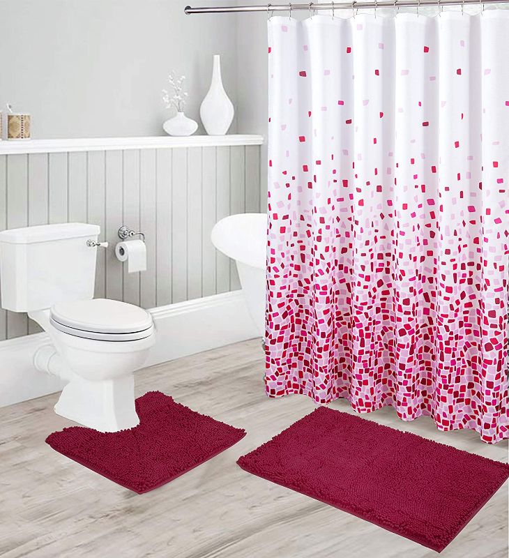 Photo 1 of Chenille Soft Rug Anti-Slip Bath Set Includes Bath Mat, Contour Mat, Shower Curtain and Stainless Steel Roller Ball Hooks New # Jasmine (Burgundy)
