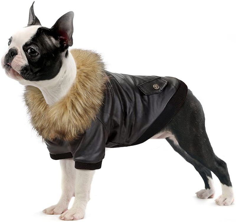 Photo 1 of NAMSAN Dog Leather Jacket Motorcycle Doggy Coat Waterproof Windproof Cat Puppy Warm Winter Clothes Chihuahua Cold Weather Jacket, Small
