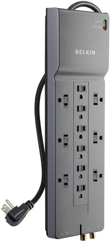 Photo 1 of Belkin Power Strip Surge Protector - 12 AC Multiple Outlets & 8 ft Long Flat Plug Heavy Duty Extension Cord for Home, Office, Travel, Computer Desktop, Laptop & Phone Charging Brick (3,940 Joules)
