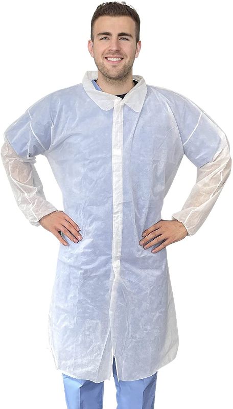 Photo 1 of AMZ Pack of 10 White Lab Coats Unisex XXL Size 35 GSM Disposable Polypropylene Lab Coats Disposable Lab Coats for Men and Women Hook and Loop Fastener Collar Elastic Wrists No Pockets, Wholesale Price
