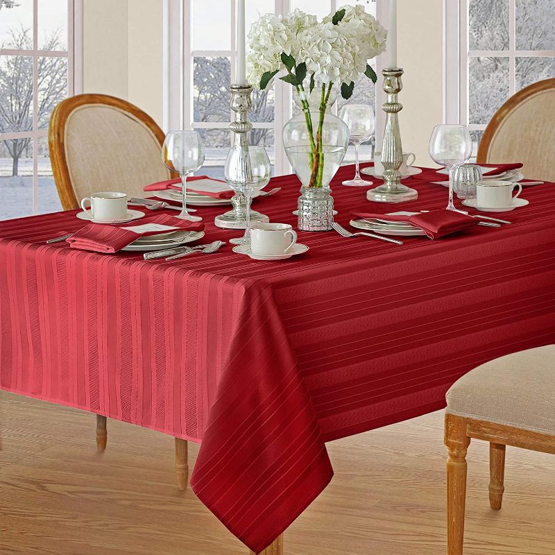 Photo 1 of Christmas Satin Stripe No-Iron Soil Resistant Fabric Holiday Tablecloth - 60 X 120 Oblong, Red

