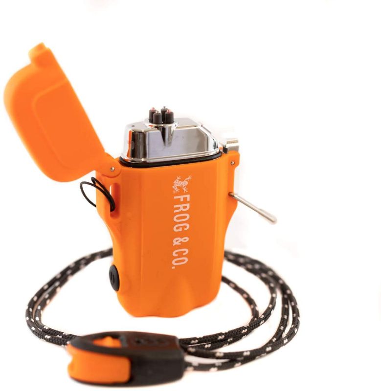 Photo 1 of Tough Tesla Lighter 2.0 – Waterproof Windproof Flameless Top-Facing Dual Arc Plasma USB Rechargeable Electric w/ Built-in Flashlight, Camping, Hiking, Survival Fire Starter by Frog & Co. (Orange)
