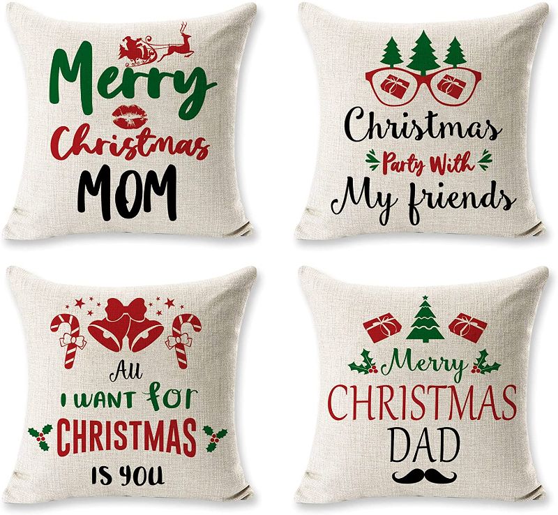 Photo 1 of Christmas Pillow Covers 18x18 Set of 4 Xmas Series Farmhouse Holiday Cushion Pillowcase Dad Mom Friends Couch Throw Pillow Covers for Sofa Bedroom
