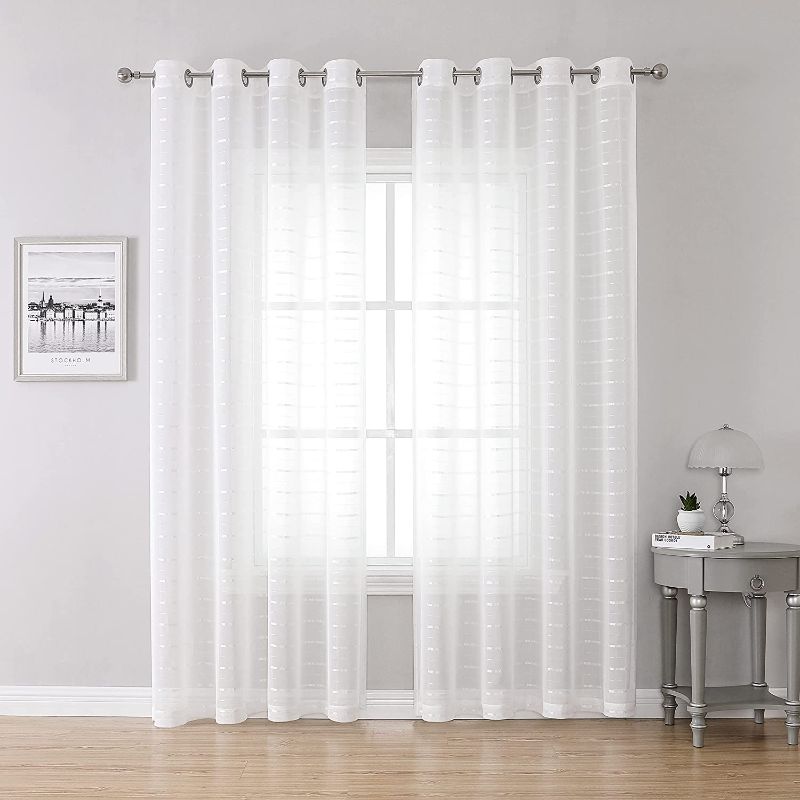 Photo 1 of RNDRSSE Sheer Curtains White Plaid Semi Voile Light Filtering Drapes Pair for Bedroom Living Room, Set of 2 Grommet Top Window Curtain Panels (Each 54 x 95 Inch, White)
